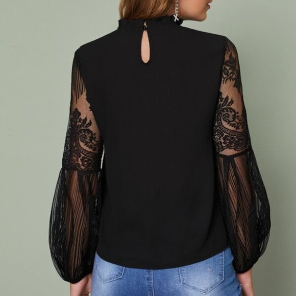 Black sheer sleeve lace long sleeve Top Classic - Picture 2 of 11